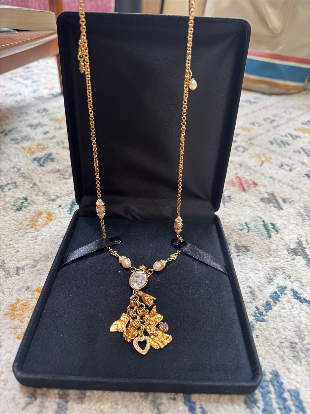 Vintage Kirks Folly Retired Cat Cameo Charm Necklace Gold Tone Signed Whimsical - Picture 3 of 6